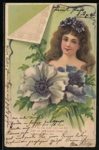 Präge-AK Porträt einer jungen Frau mit Anemonen in den Armen und im Haar, Jugendstil