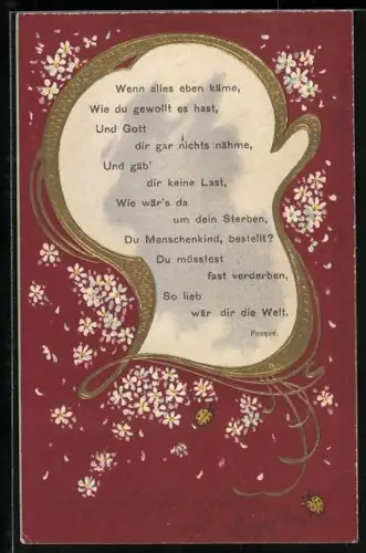 Präge-AK Gedicht von Fouqué, Goldrahmen mit Blümchen und Marienkäfern, Jugendstil