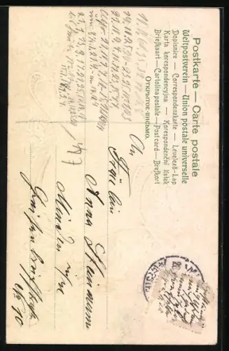 Präge-AK Gedicht von Fouqué, Goldrahmen mit Blümchen und Marienkäfern, Jugendstil