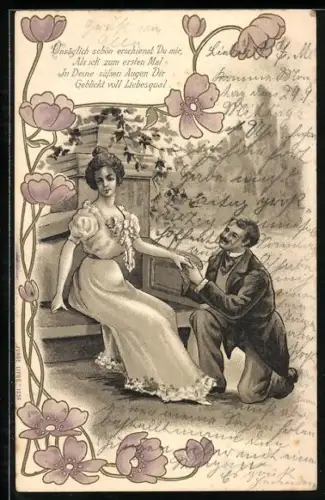 Künstler-AK Liebespaar, Mann macht der Geliebten einen Antrag