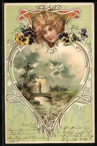 Lithographie Fröhliche Pfingsten, Landschaft in Zierrahmen