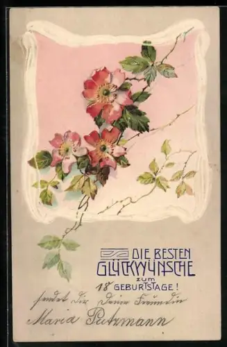 Präge-AK Rosen in weissem Rahmen mit Geburtstagswünschen, Jugendstil