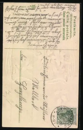 Präge-AK Rosen in weissem Rahmen mit Geburtstagswünschen, Jugendstil