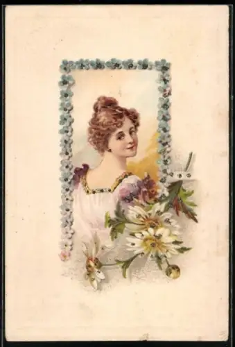 Glitzer-Perl-AK Dame blickt über ihre Schulter, Blumenrahmen