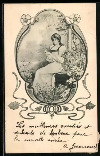 AK Junge Frau sitzt auf einer Bank im Grünen, Jugendstil-Passepartout