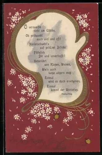 AK Gedicht von Hamerling, Goldrahmen, Blumen und Marienkäfer, Jugendstil