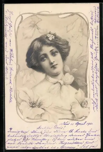 Künstler-AK Schönheit mit Gänseblümchen im Haar, Jugendstil