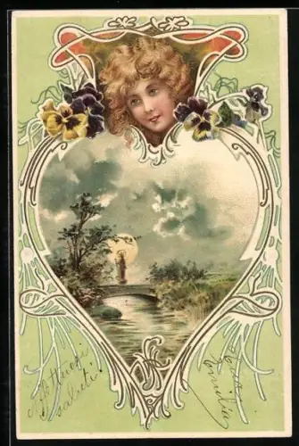 Lithographie Fröhliche Pfingsten, Landschaft in Zierrahmen