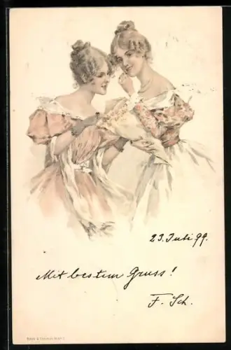 AK Zwei elegante junge Damen betrachten einen Blumenstrauss, Jugendstil