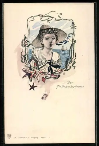 AK Junge mit Hut steht am Meer mit Segelschiffen im Hintergrund, Jugendstil