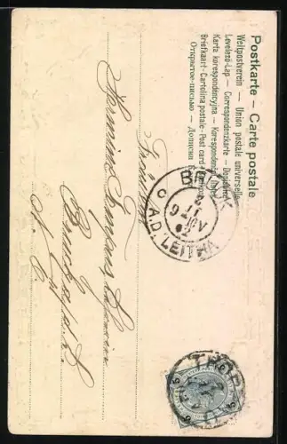 Präge-AK Junges Mädchen mit Kopfhaube und Tuch steht in der Natur, Passepartout mit Kleeblättern, Jugendstil