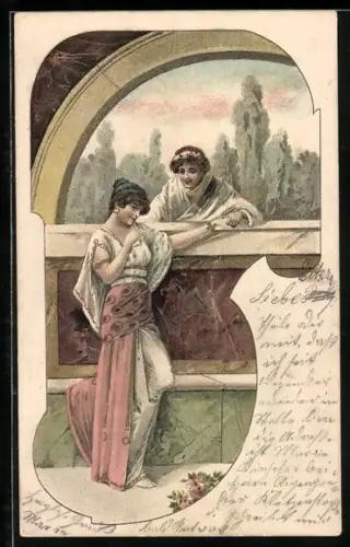 AK Junger Mann mit Blumen im Haar umgarnt eine attraktive Dame, Jugendstil