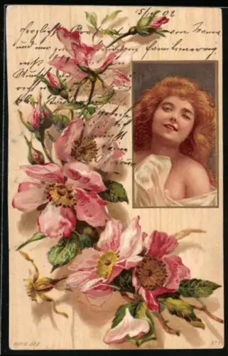 AK Porträt einer rothaarigen Frau nebst einer Girlande aus Wildrosen, Jugendstil