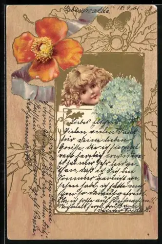 Präge-AK Blondes Kind mit einem Strauss Vergissmeinnicht in goldenem Jugendstil-Rahmen