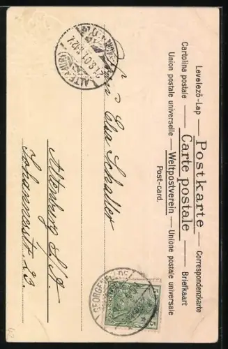 Präge-AK Blondes Kind mit einem Strauss Vergissmeinnicht in goldenem Jugendstil-Rahmen