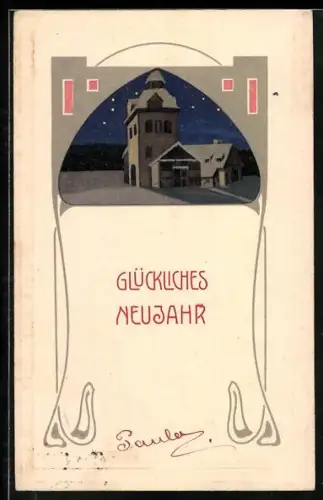 AK Einsames Haus in winterlicher Nacht, Neujahrswünsche, Jugendstil