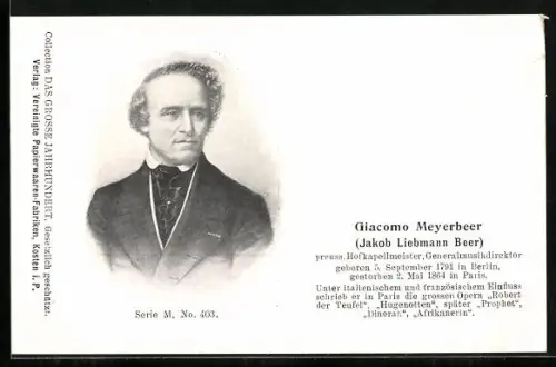 AK Giacomo Meyerbeer, Porträt mit Kurzbiographie