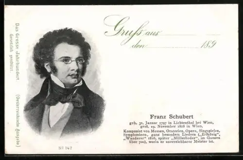 AK Komponist Franz Schubert, Porträt mit Lebensdaten und Kurzbiographie
