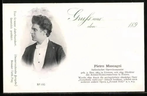 AK Pietro Mascagni, Porträt im Profil mit Lebensdaten und Kurzbiographie