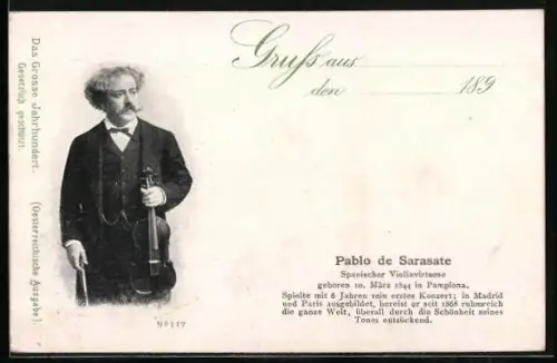 AK Pablo de Sarasate, Porträt mit Violine, Kurzbiographie im Passepartout