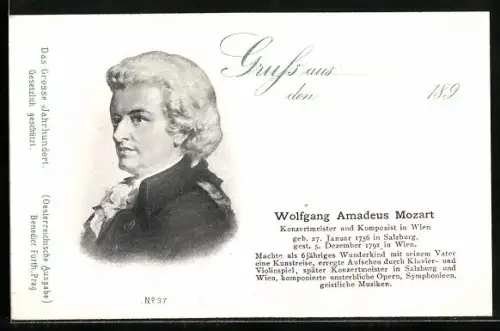 AK Wolfgang Amadeus Mozart, Porträt des Komponisten mit Lebensdaten