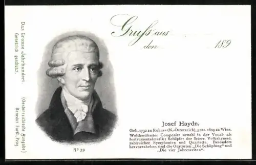 AK Josef Haydn, Porträt des Komponisten mit Lebensdaten und bedeutendsten Werken