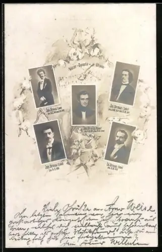 AK Stammbaum der Walzer-Dynastie Strauss, mit Vater Johann Strauss und seinen drei Söhnen und Enkel