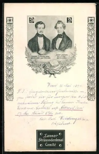 AK Johann Strauss und Josef Lanner, Doppelporträt, geschmückt mit Blumen, Piano und Violine