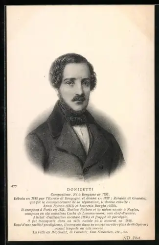 AK Gaetano Donizetti, Porträt des Komponisten mit Kurzbiographie und grossen Werken
