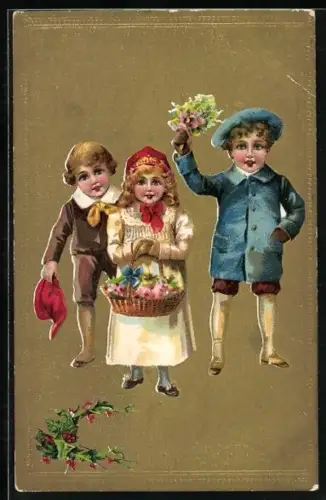 Präge-AK Drei Kinder mit Korb, Blumenstrauss und Stechpalmenzweig