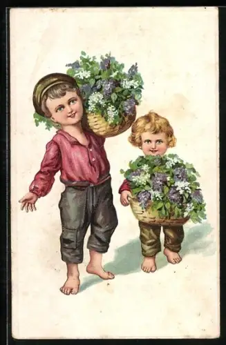Präge-AK Zwei Kinder mit Blumenkörben voller Flieder