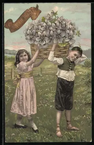 Präge-AK Zwei Kinder tragen einen Korb mit Veilchen