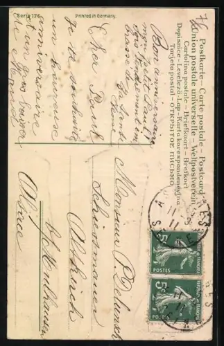 Präge-AK Zwei Kinder tragen einen Korb mit Veilchen