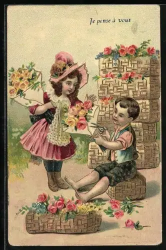 Präge-AK Zwei Kinder mit Blumensträussen und Körben mit Rosen, Je pense à vous
