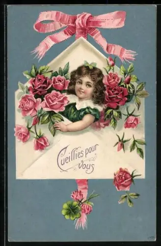 Präge-AK Junges Mädchen erscheint aus einem Brief und überreicht Rosen
