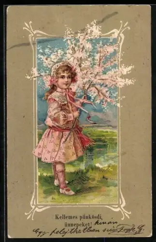AK Mädchen im rosa Kleid steht an einem Ufer und hält einen Kirschblütenast in der Hand