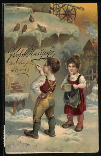 Künstler-AK Kleine Kinder schreiben Neujahrsgrüsse an die Wand