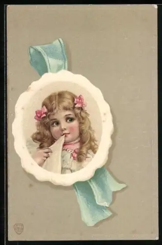 AK Gott zum Gruss, Blondes Mädchen mit Schleifchen