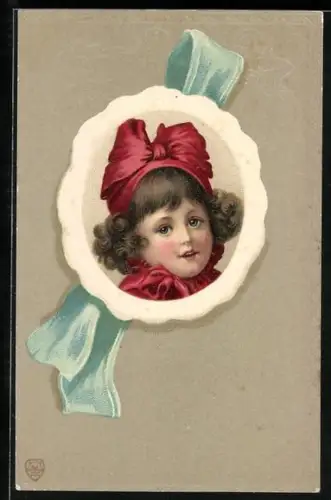 Präge-AK Porträt eines jungen Mädchens mit roter Schleife