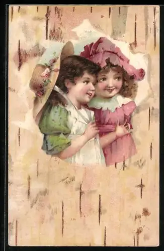 Präge-AK Zwei junge Kinder mit Hüten