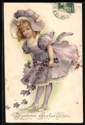 Präge-AK Mädchen in lilafarbener Kleidung mit Veilchen