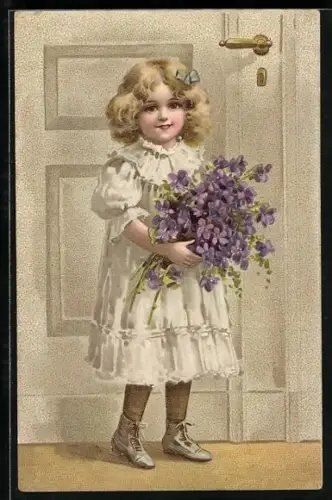 Präge-AK Blondes Mädchen mit einem Veilchenstrauss