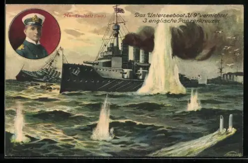 AK U-Boot U-9 versenkt 1914 die brit. Panzerkreuzer Aboukir, Hogue und Cressy, Portrait Kmdt. Otto Weddigen