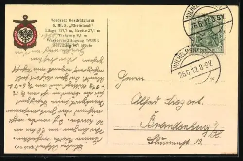 AK Vorderer Geschützturm vom Linienschiff Rheinland