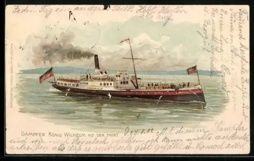Lithographie Bodenseedampfer König Wilhelm auf der Fahrt