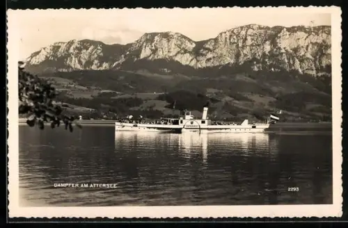 AK Passagier-Dampfer Unterach am Attersee mit Bergpanorama im Hintergrund