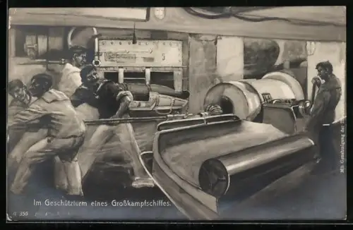 Künstler-AK Im Geschützturm eines Grosskampfschiffes