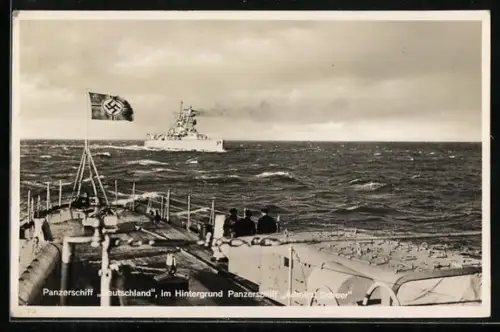 AK Panzerschiff Deutschland, im Hintergrund Panzerschiff Admiral Scheer, Reichskriegsflagge