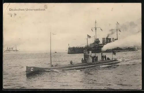 AK Deutsches U-Boot U-6 in Fahrt vor einem Linienschiff