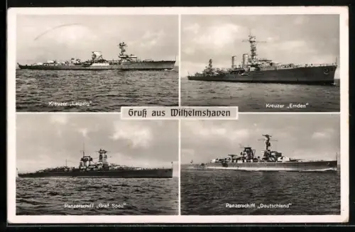 AK Wilhelmshafen, Keuzer Leipzig und Emden, Panzerschiff Graf Spee und Deutschland